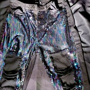 Black Iridescent sequin denim distressed Jeans